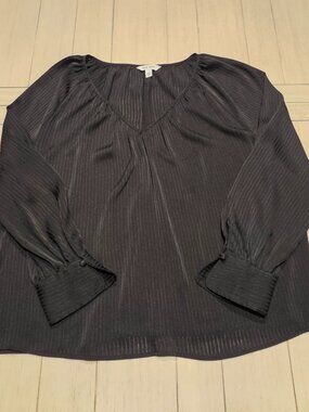 Nine West Black Shadow Stripe V Neck Blouson Blouse | Size XXL